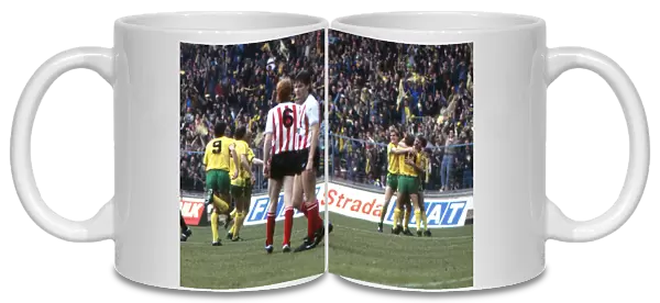 Sunderlands Gordon Chisholm stands dejected after his own goal as Norwich celebrate - 1985 League Cup Final