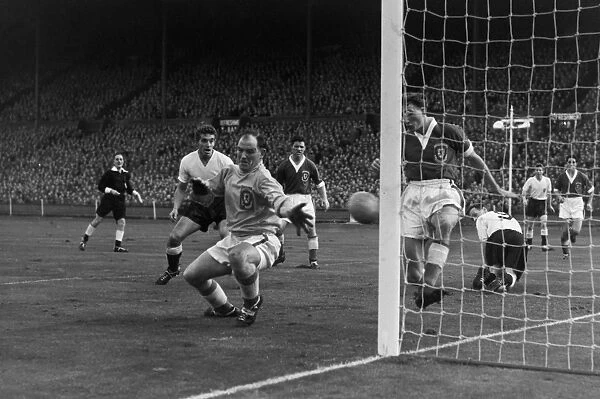 Alfred Sherwood makes a save for Wales - 1956 / 7 British Home Championship