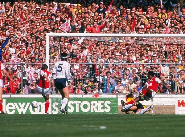 Arsenal substitute Martin Hayes, far left, sees his shot hit the post - 1988 League Cup Final