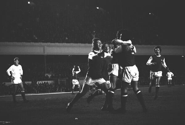 Arsenals Frank McLintock celebrates his goal with Charlie George and George Armstrong - 1970  /  1 Inter-Cities Fairs Cup