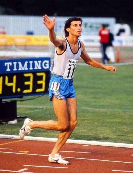Athletics-: Peugeot Talbot meeting at Crystal Palace 1985 - Mens 800m Sebastian Coe of Great Britain raises his arms to the crowd after winning the
