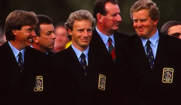 Barry Lane, Bernhard Langer and Colin Montgomerie share a laugh during the 1993 Ryder Cup