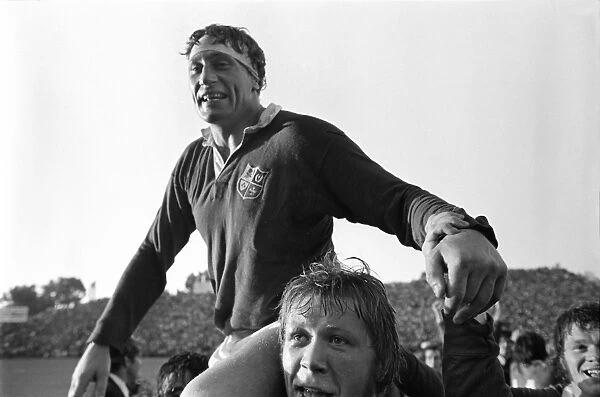 Captain Willie John Mcbride is chaired off the pitch after the British Lions win the 1974 series in South Africa