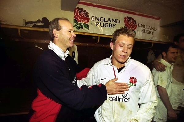 Clive Woodward congratulates Jonny Wilkinson after Englands victory over South Africa in 2000