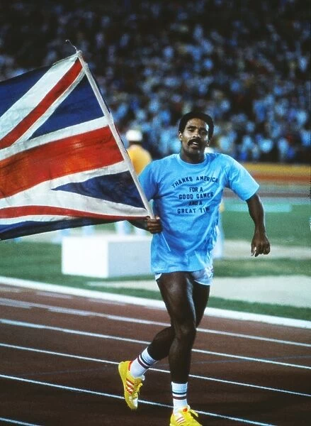 Daley Thompson celebrates his second decathlon Olympic gold medal in Los Angeles in 1984