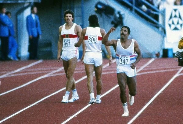 Daley Thompson celebrates winning gold at the 1983 Helsinki World Championships