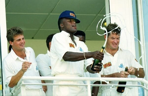 Devon Malcolm celebrates his match-winning performance at the Oval in 1994