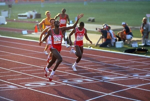 Edwin Moses crosses the line to win gold at the 1984 Los Angeles Olympics