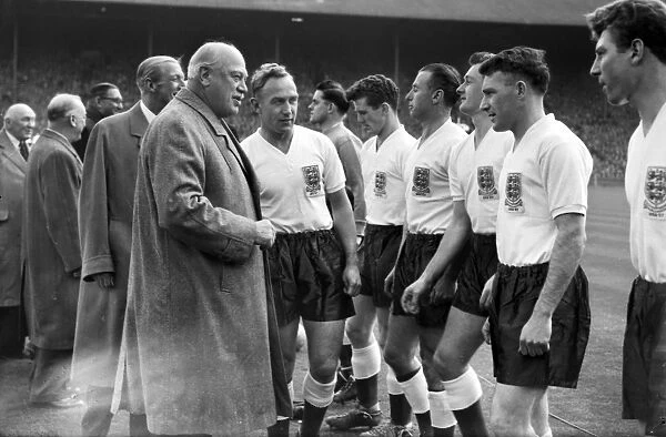 England captain Billy Wright introduces his team to Harry Primrose, 6th Earl of Rosebery - 1956  /  7 British Home Championship