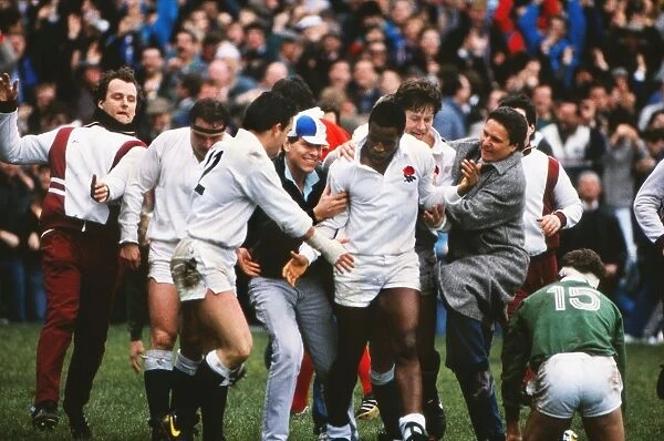 Englands Chris Oti is mobbed by fans after his hat-trick against Ireland - 1988 Five Nations