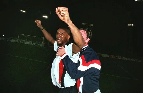 Englands Ian Wright celebrates qualification to the 1998 World Cup