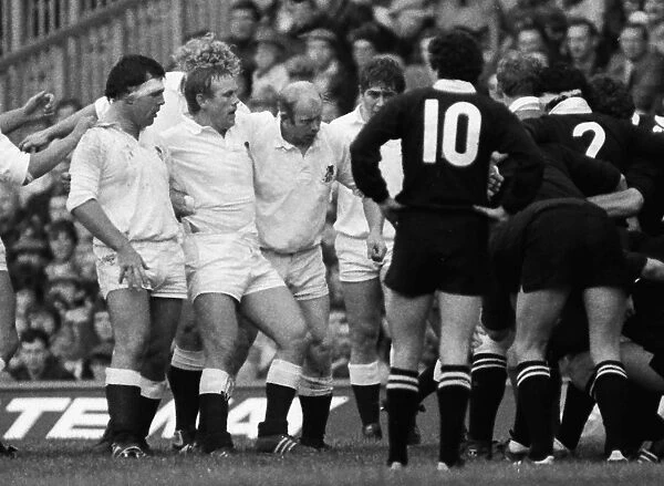 Englands front row prepares to scrum down during their victory over the All Blacks in 1983