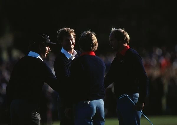 Europes Mark James and Sandy Lyle shake hands with the USAs Ben Crenshaw and Jerry Pate - 1981 Ryder Cup