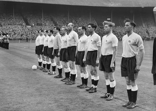 The Great Britain football team line-up at Wembley before taking on Bulgaria in 1956