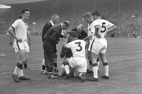 Injured Manchester United goalkeeper Ray Wood during the 1957 FA Cup Final