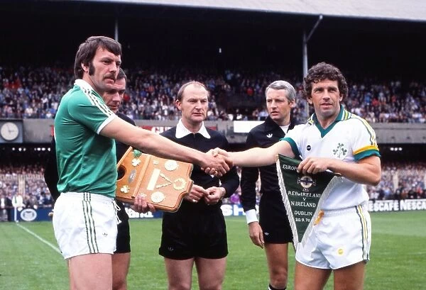 The two Irish captains shake hands before the Euro 1980 qualifier