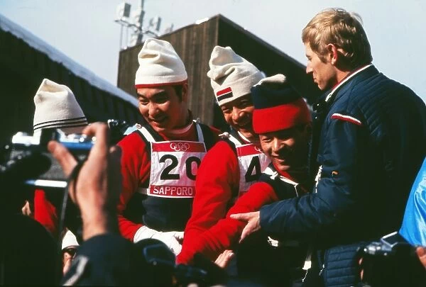 The three Japanese jumpers who had a clean-sweep of the medals celebrate - 1972 Sapporo Winter Olympics