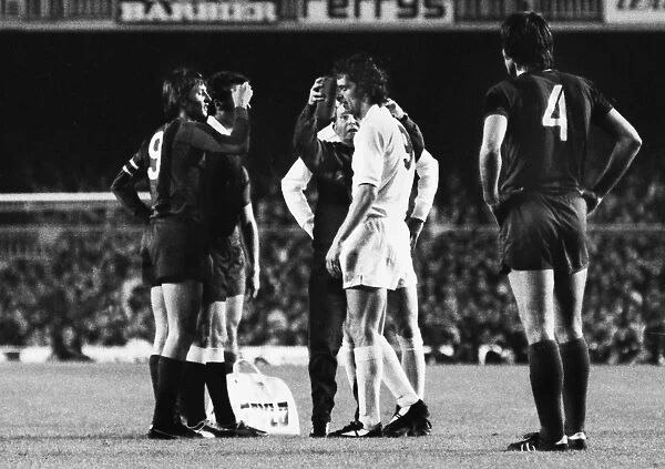 Joe Jordan recieves treatment for his cut head at the Nou Camp during the 1975 European Cup semi-final