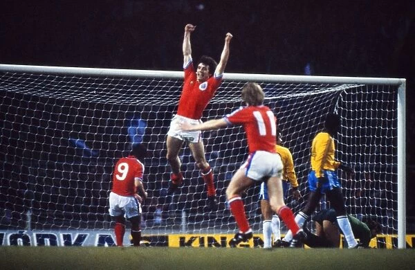 Kevin Keegan celebrates his goal against Brazil in 1978