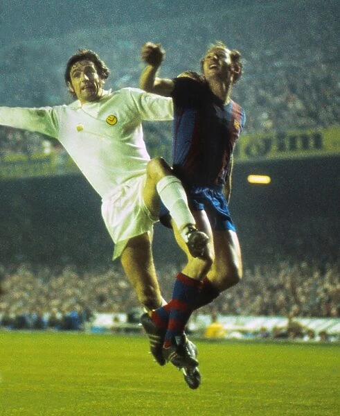 Leeds Uniteds Norman Hunter challenges for the ball at the Nou Camp during the 1975 European Cup