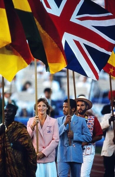 Lucinda Green carries the flag for Britain at the 1984 Los Angeles Olympics