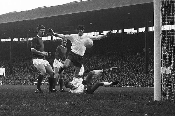 Man Utd 3 Spurs 1. Jimmy Greaves (Spurs) tries an over head kick.Mike England 