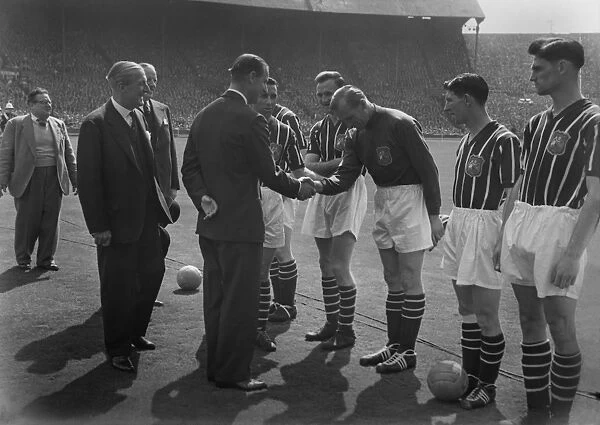 Manchester City goalkeeper Bert Trautmann shakes hands with Prince Philip - 1956 FA Cup Final