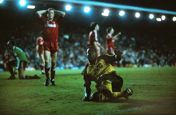 Michael Thomas celebrates his title-winning goal at Anfield in 1989