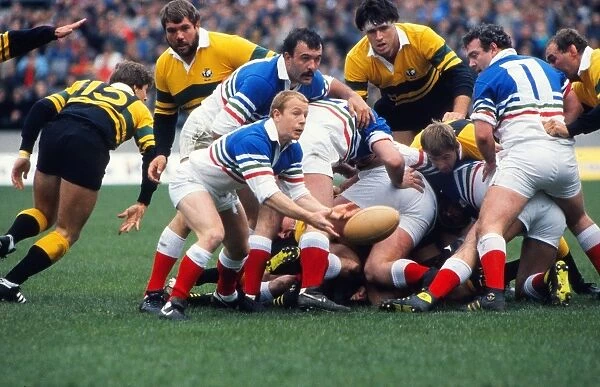 Five Nations scrum half Richard Hill passes the ball in 1986