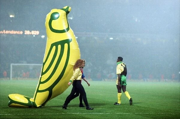 Norwich Citys giant inflatable Canary is paraded around the Carrow Road pitch before their victory over Bayern Munich