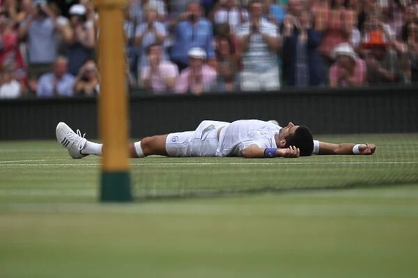 Novak Djokovic falls to the floor after winning the 2011 Wimbledon Mens Singles title
