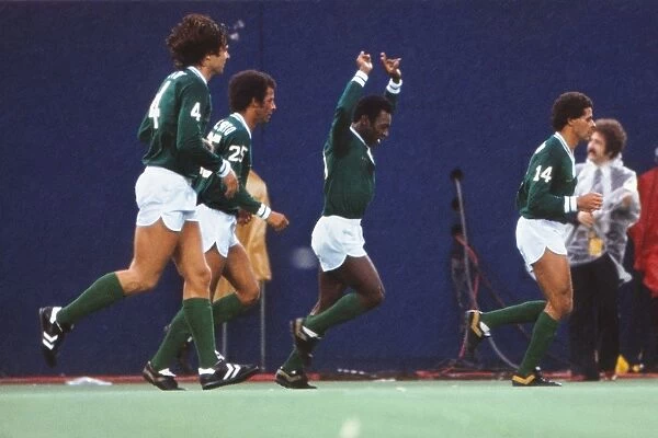 Pele celebrates scoring his final professional goal