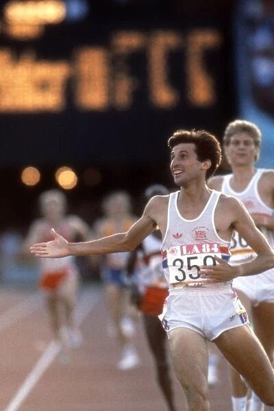 Seb Coe celebrates as he crosses the line to win 1500m gold at the 1984 Los Angeles Olympics