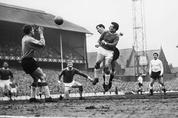 Spurs Jimmy Greaves jumps for a header at Goodison Park in 1963