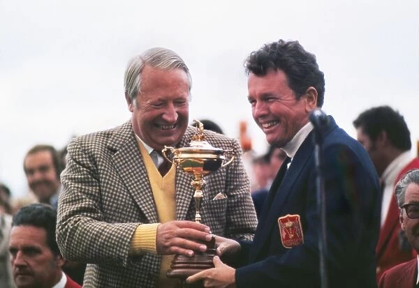 Ted Heath presents USA captain Jack Burke with the Ryder Cup in 1973