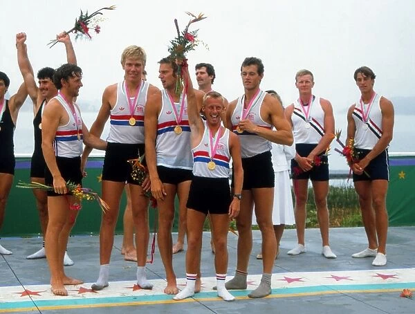 The victorious GB coxed fours rowers celebrate gold - 1984 Los Angeles Olympics
