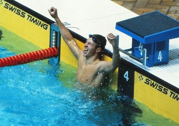 Vladimir Salnikov celebrates after becoming the first man to break the fifteen minute barrier in the 1500-meter freestyle at the 1980 Moscow Olympics
