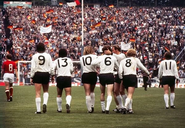 The West German team celebrate Herbert Wimmer (6) goal in the final of Euro 72