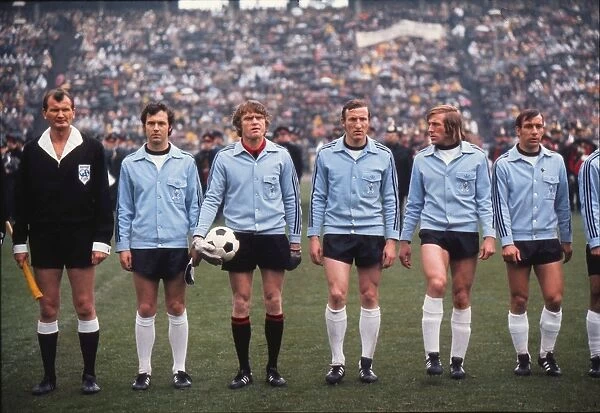 West Germanys Beckenbauer, Maier, Schwarzenbeck, Netzer and Hottges line up before facing England at Euro 72