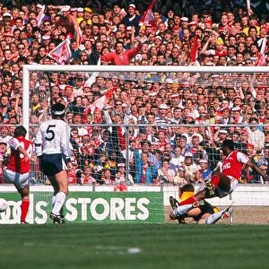 Arsenal substitute Martin Hayes, far left, sees his shot hit the post - 1988 League Cup Final