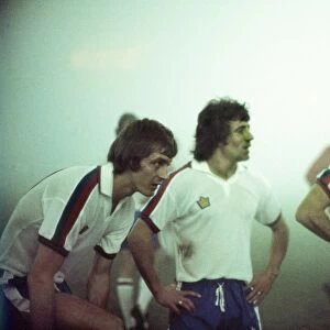 England players Allan Clarke, Kevin Keegan and Malcolm MacDonald in the fog during the abandoned game against Czechoslovakia in 1975