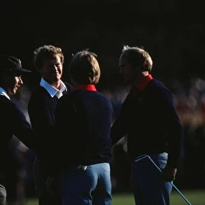 Europes Mark James and Sandy Lyle shake hands with the USAs Ben Crenshaw and Jerry Pate - 1981 Ryder Cup