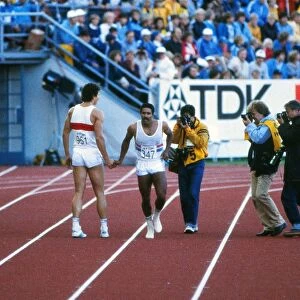 Gold medalist Daley Thompson shakes hands with runner-up Jurgen Hingsen at the 1983 Helsinki World Championships