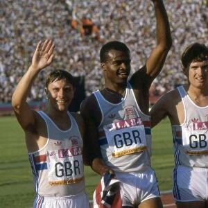 Great Britains silver medal-winning Mens 4x400m Relay team at the 1984 Los Angeles Olympics