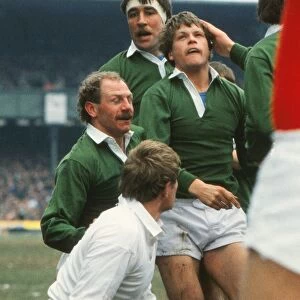 Irelands Trevor Ringland celebrates his try with Nigel Carr and Donal Lenihan - 1986 Five Nations