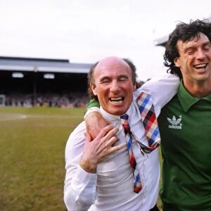 Jimmy Melia and Graham Moseley celebrate reaching the 1983 FA Cup Final