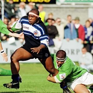 London Irishs Liam Mooney tackles Baths Victor Ubogu - 1996 / 7 Courage League