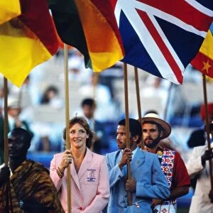 Lucinda Green carries the flag for Britain at the 1984 Los Angeles Olympics