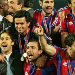 Pep Guardiola and Jose Mourinho celebrate after Barcelonas victory in the 1997 Cup Winners Cup Final