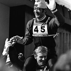 Yukio Kasaya celebrates winning Japans first Winter Olympic gold - 1972 Sapporo Olympics - Ski Jumping